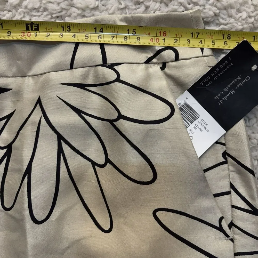 100% Silk Black Graphic Floral Skirt Women's 12 Pockets Office Preppy Monochrome